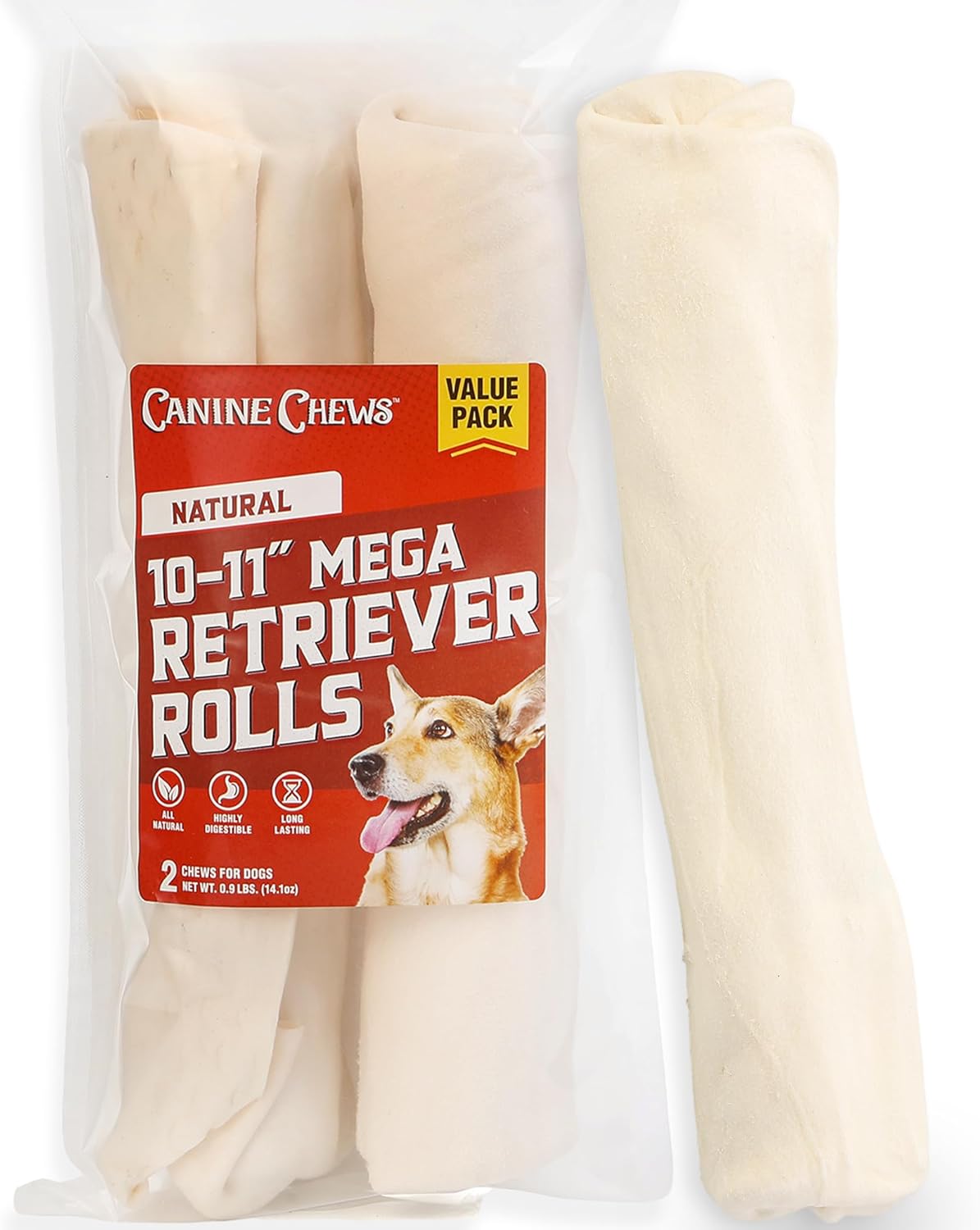 Canine Chews MEGA Retriever Rolls 2-Pack – Natural Rawhide Dog Chews for Large Dogs