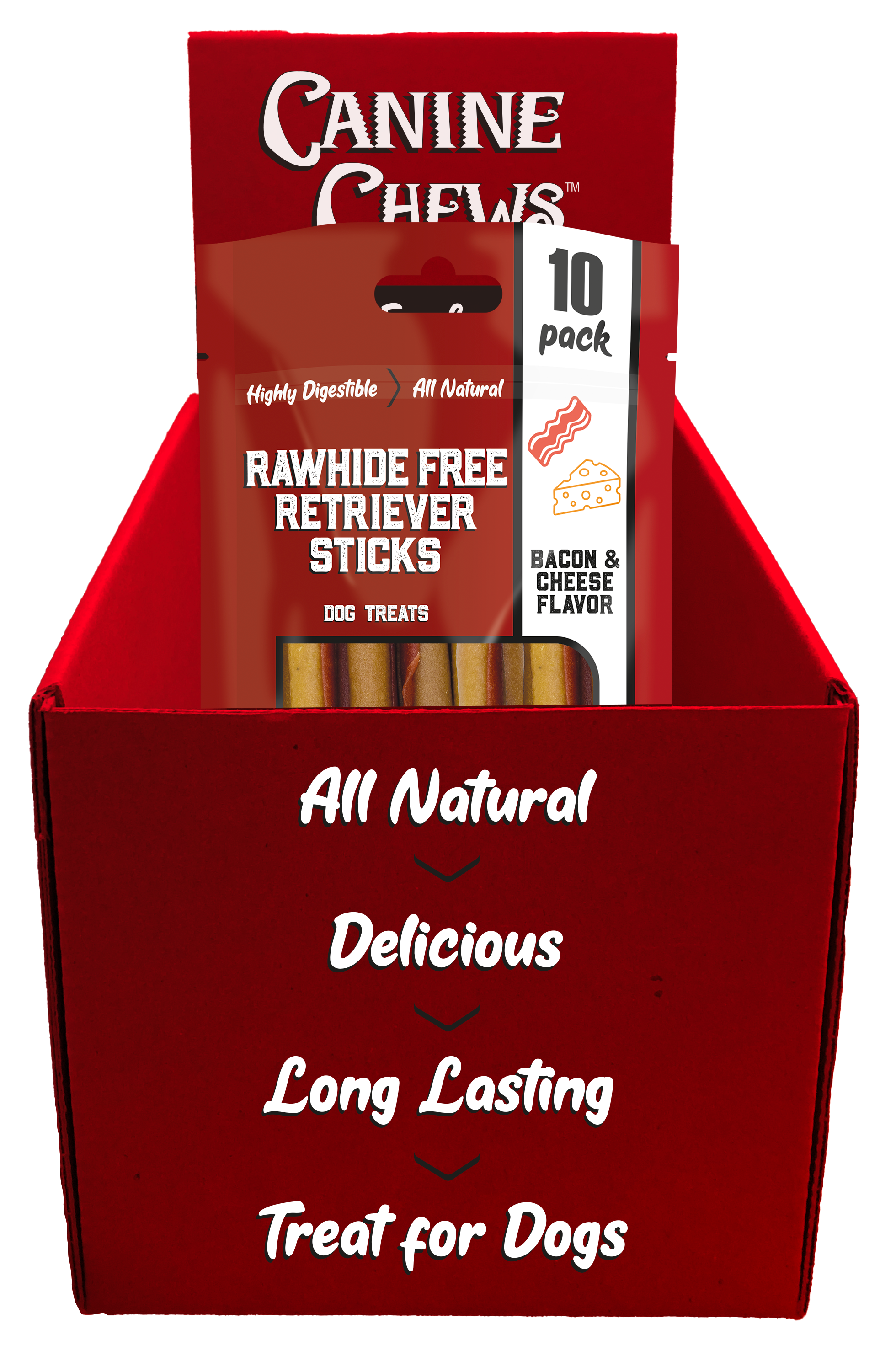 A red display box labeled 'Canine Chews' with a pack of rawhide-free retriever sticks flavored with bacon & cheese for dogs.