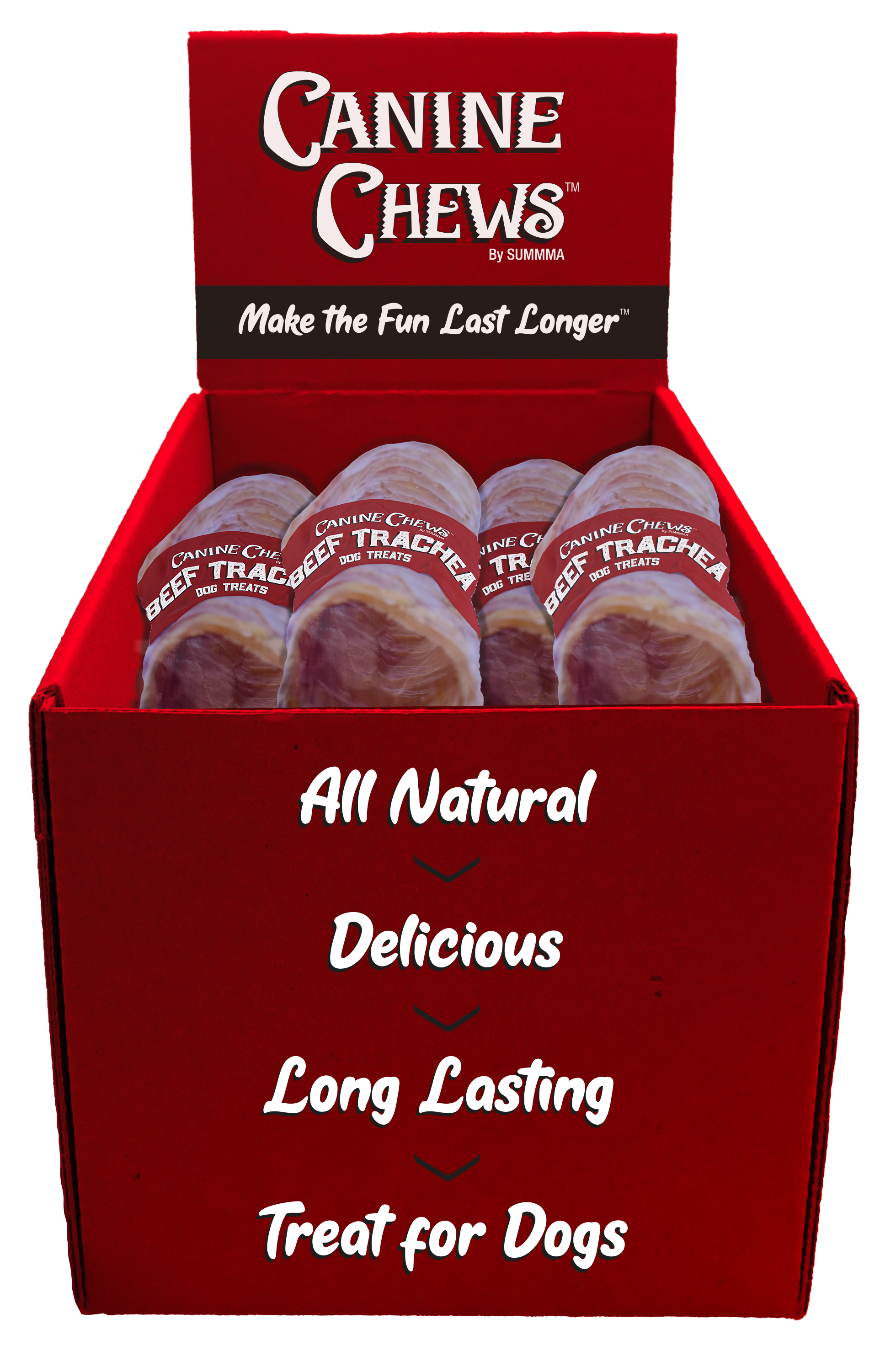 A red display box labeled 'Canine Chews' filled with natural beef trachea chews for dogs.