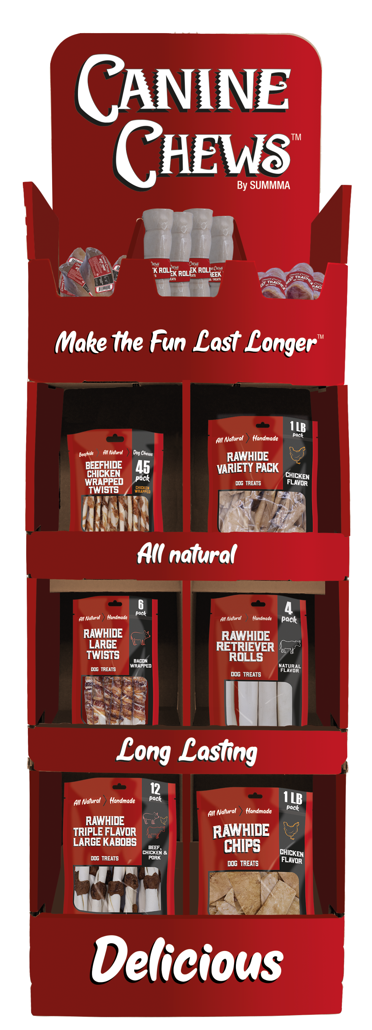 A floor display of various rawhide and natural dog chews, including beef hoof, beef cheek, beef trachea, rawhide twists, rawhide sticks, chicken basted rawhide chips, and retriever rolls.