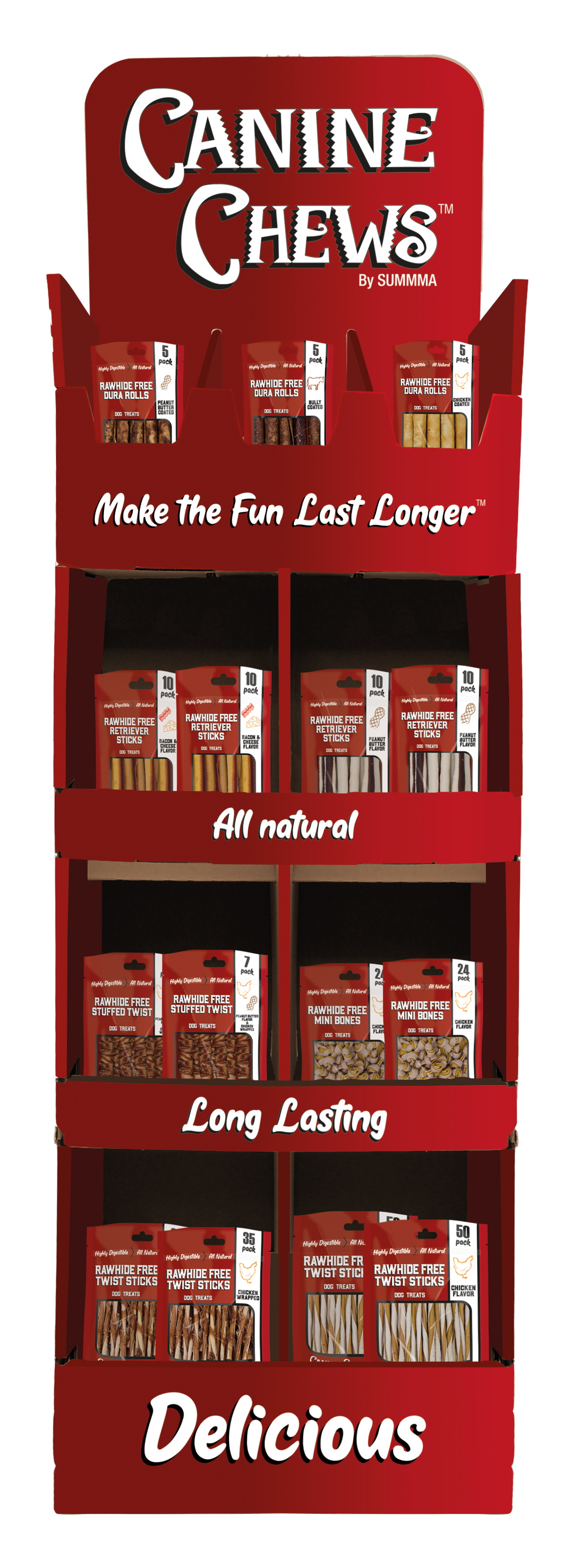 A floor display rack showcasing various rawhide-free dog chews, including sticks, twists, and mini bones, with labels indicating the flavor and type of each product.